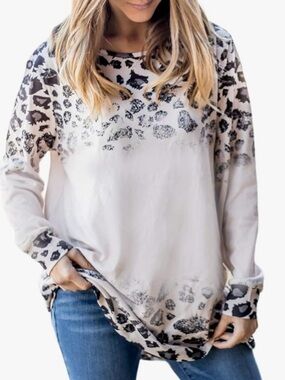 Tickled Teal Cream Black Leopard Ombre Crewneck Long Sleeve Pullover Size M